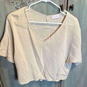 Pink Lily Cream V-Neck Cropped Cotton Gauze Top